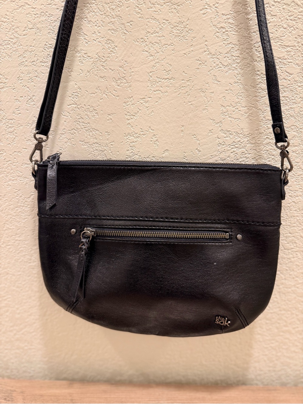 The Sak Black Oleta Leather Crossbody with Front Zip Pocket